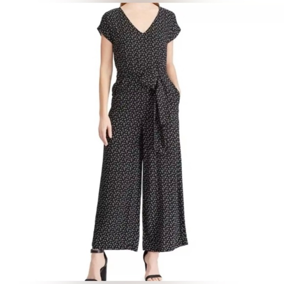 Chaps Black Ditsy Floral V-neck Jumpsuit Romper, Wide Leg, Size 12, 100% Viscose - Picture 1 of 15